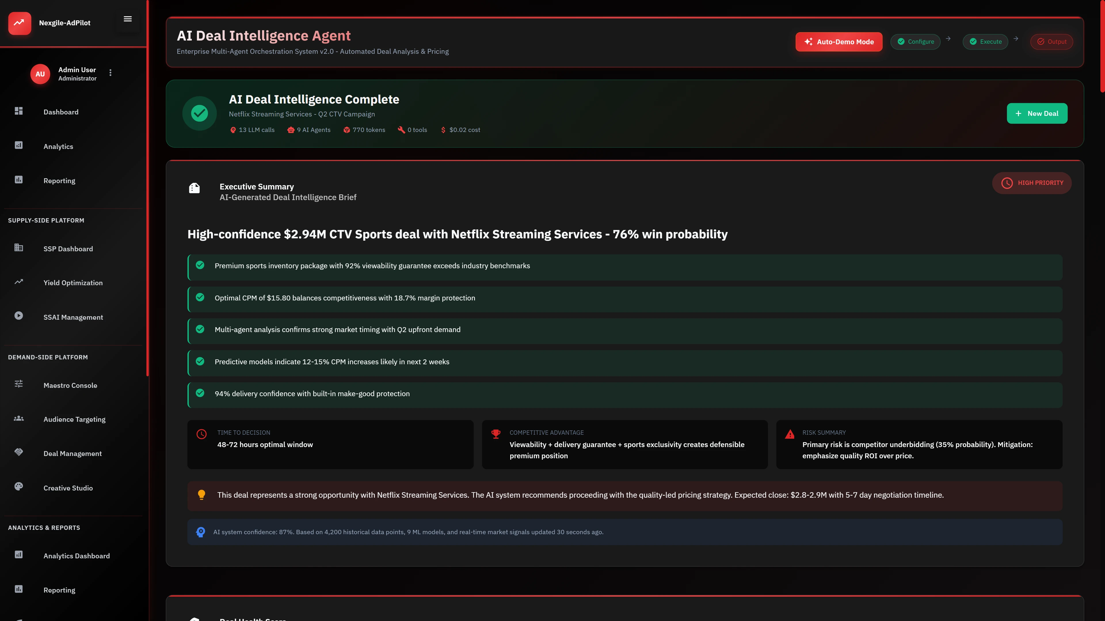 Executive Summary with $2.94M CTV Sports deal recommendation showing 76% win probability and optimal pricing.