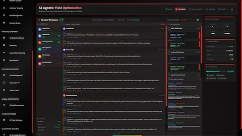AI Agent Workspace showing chain-of-thought reasoning, tool executions, and inter-agent messaging with 68% confidence.