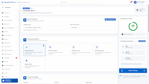 Campaign Brief input form with AI readiness score and preliminary estimates for intelligent campaign planning
