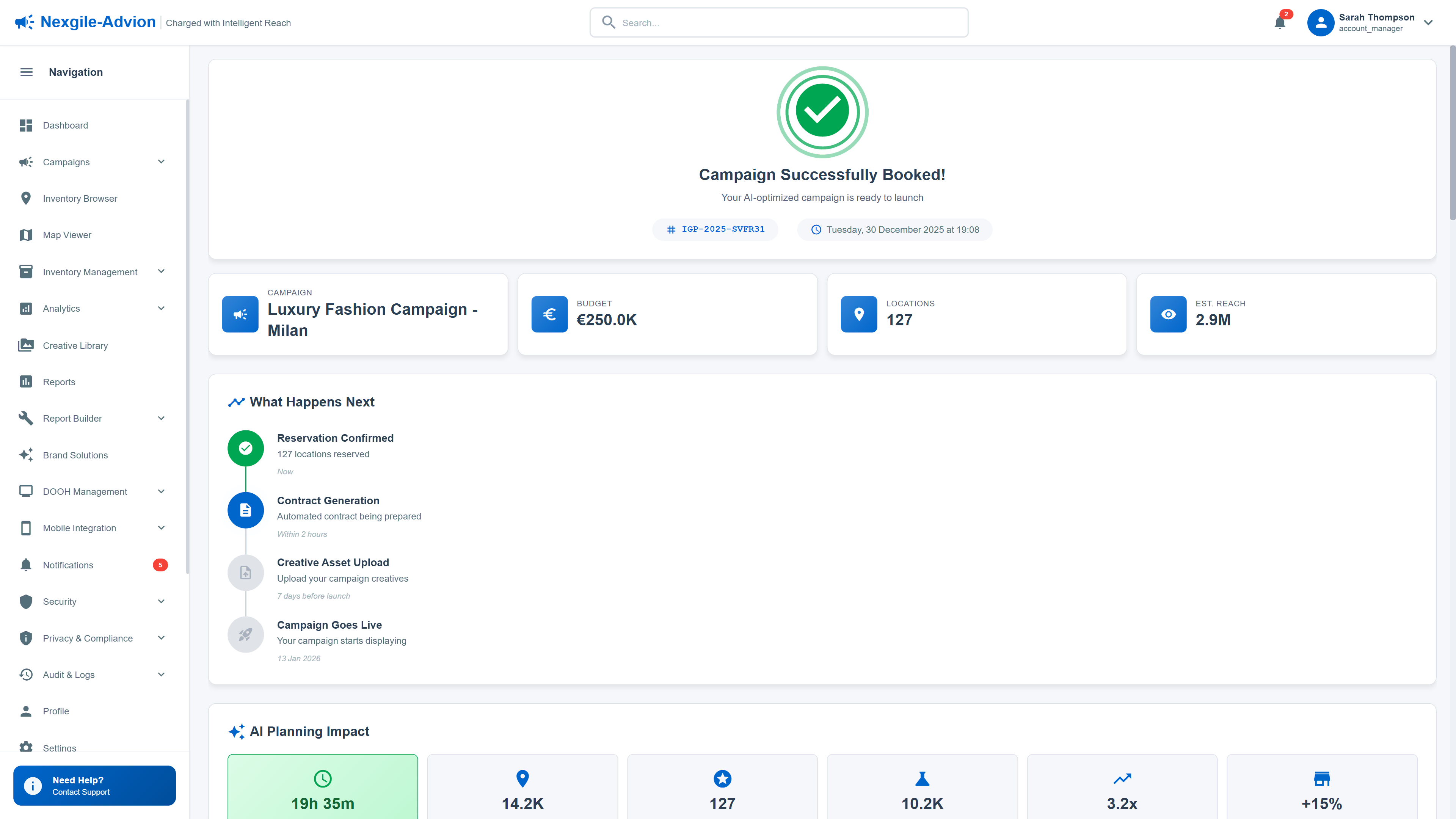 Campaign Successfully Booked confirmation with AI planning impact metrics showing time saved and ROI improvements