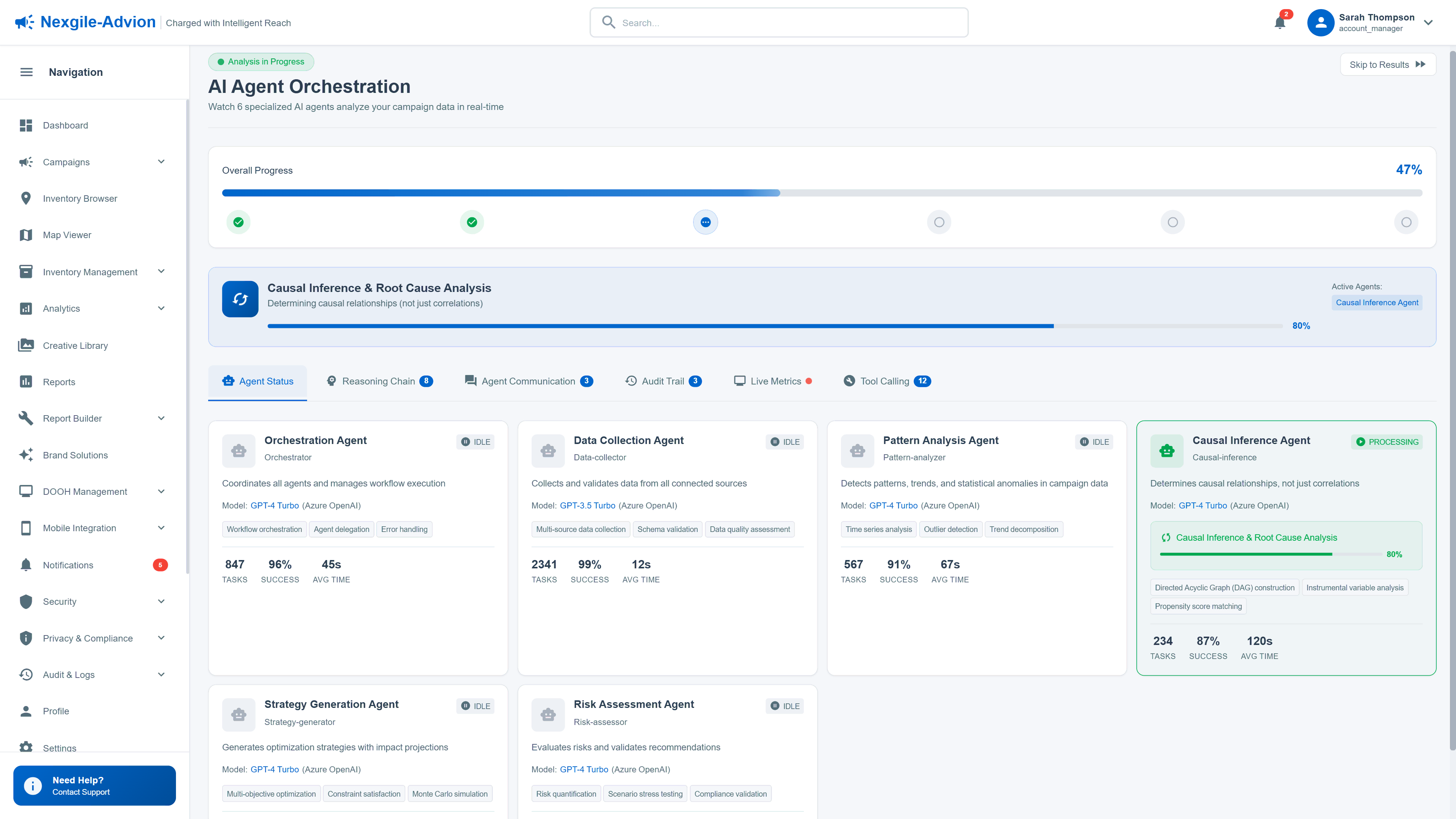 AI Agent Orchestration with 6 specialized agents performing causal inference and root cause analysis on campaign data