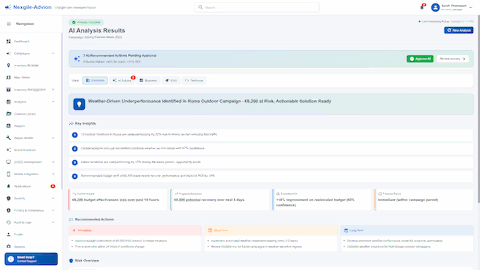 AI Analysis Results identifying weather-driven underperformance with actionable recommendations and impact projections