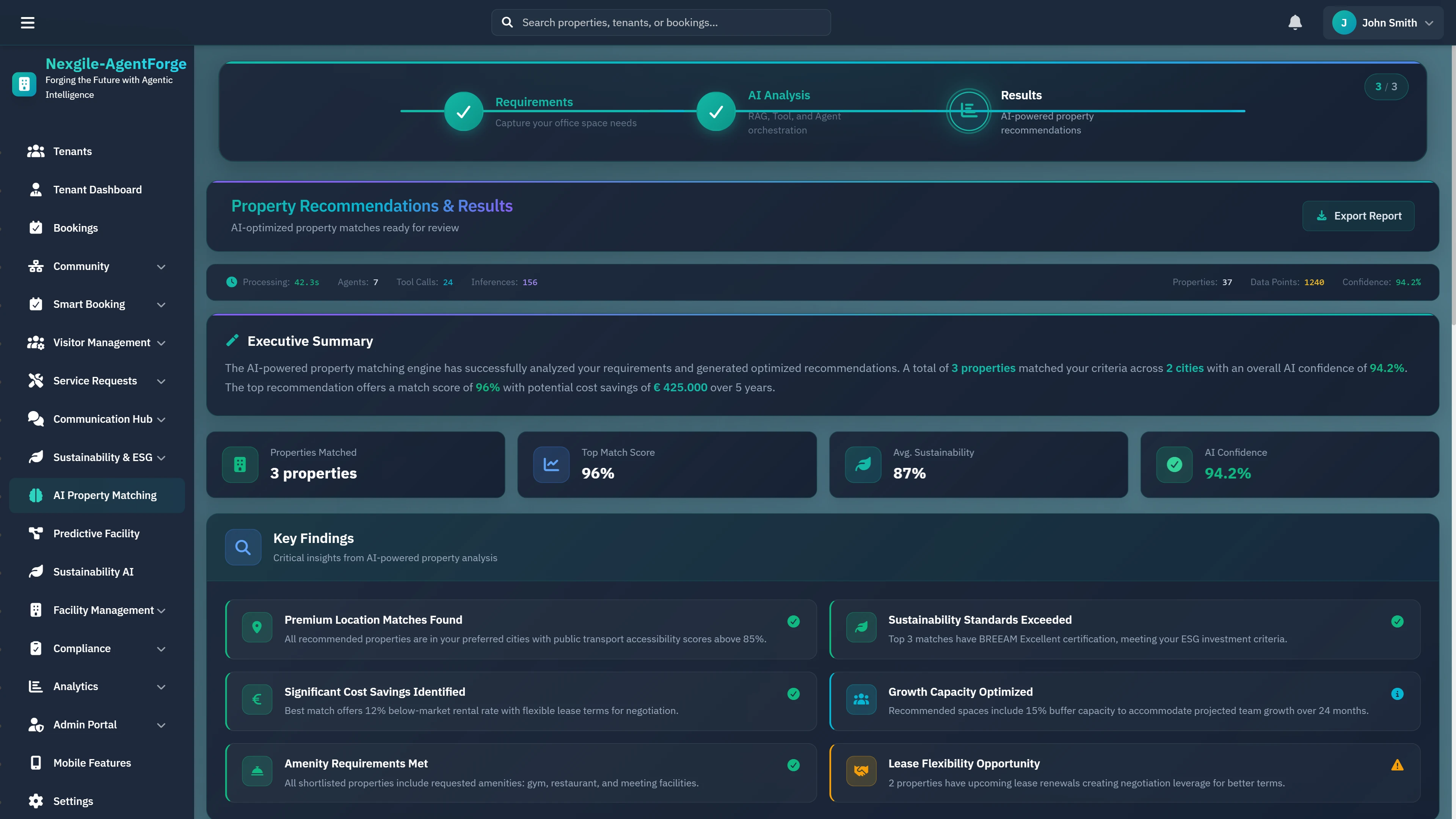 Property Recommendations & Results - Executive summary displaying matched properties with match scores, sustainability ratings, and key findings.