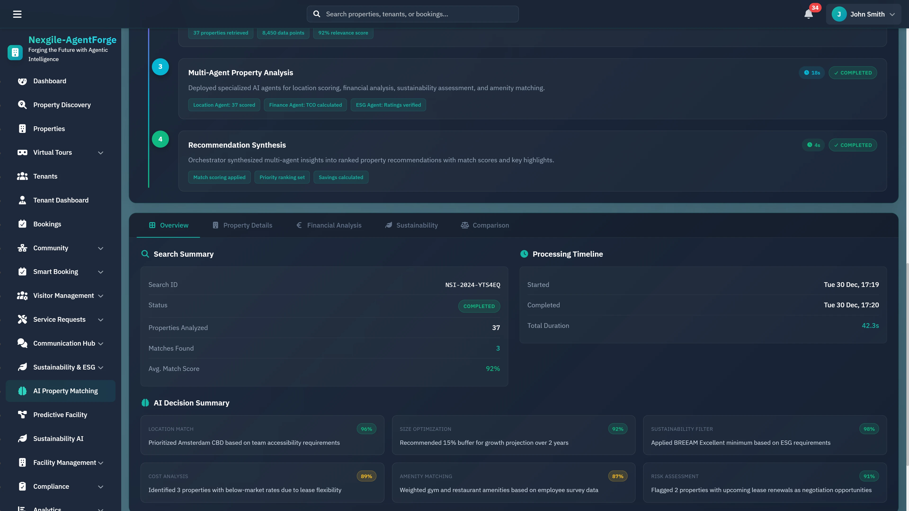 Search Summary & AI Decisions - Detailed analysis view with processing timeline, search metrics, and AI decision summaries for property recommendations.