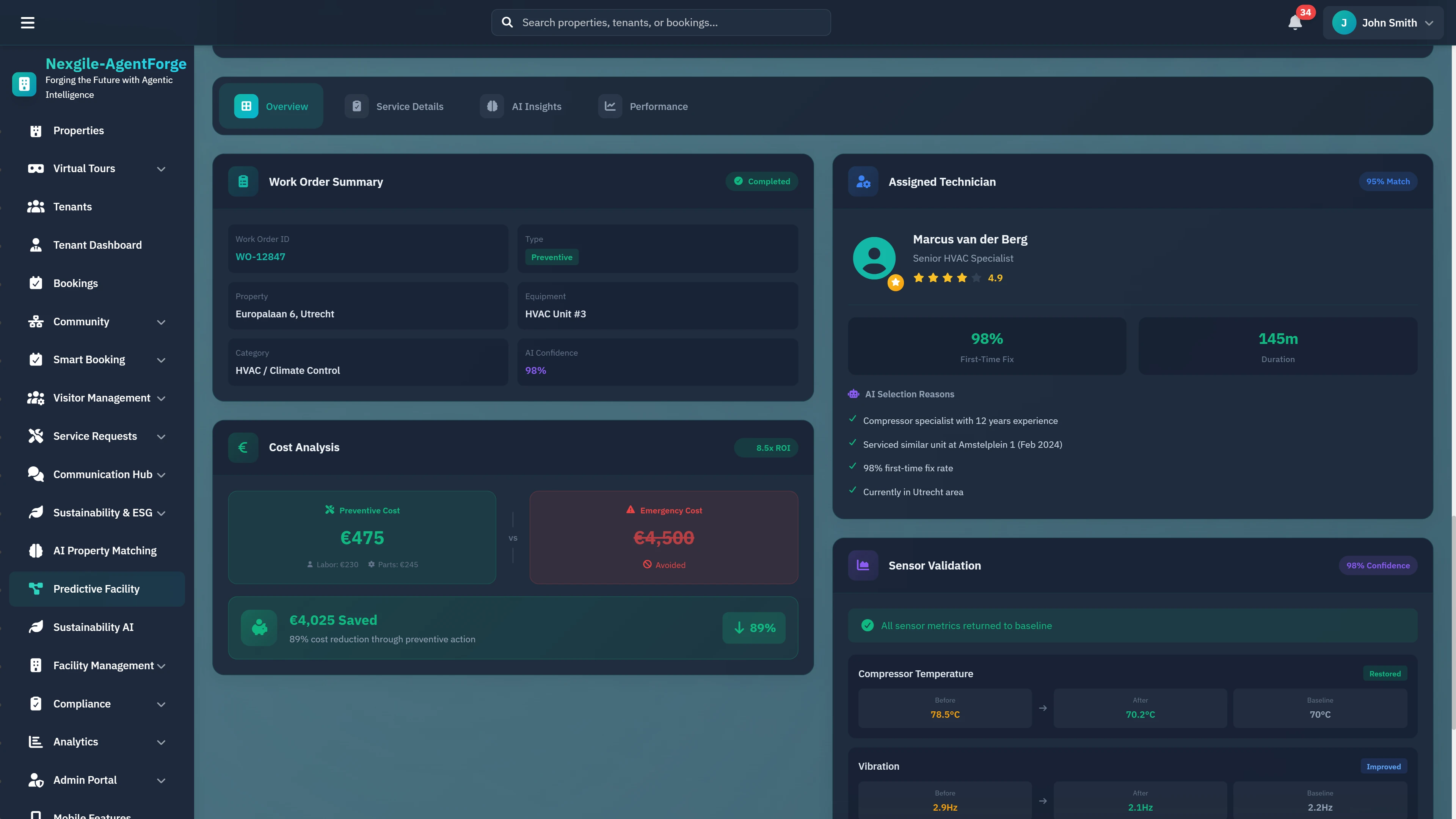 Work Order Details - Comprehensive view with assigned technician profile, cost analysis, savings breakdown, and sensor validation metrics.