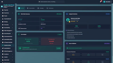Work Order Details - Comprehensive view with assigned technician profile, cost analysis, savings breakdown, and sensor validation metrics.