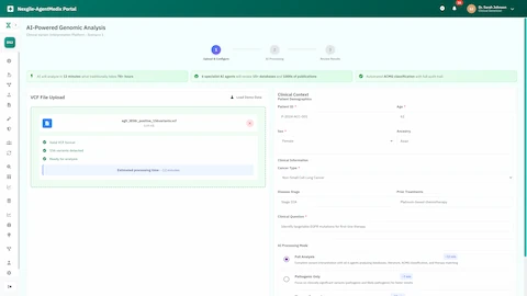 VCF file upload and configuration interface with patient demographics and clinical context for AI-powered genomic analysis