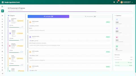 Live AI processing dashboard showing 6 specialist agents analyzing 156 variants across databases, literature, and ACMG classification in real-time