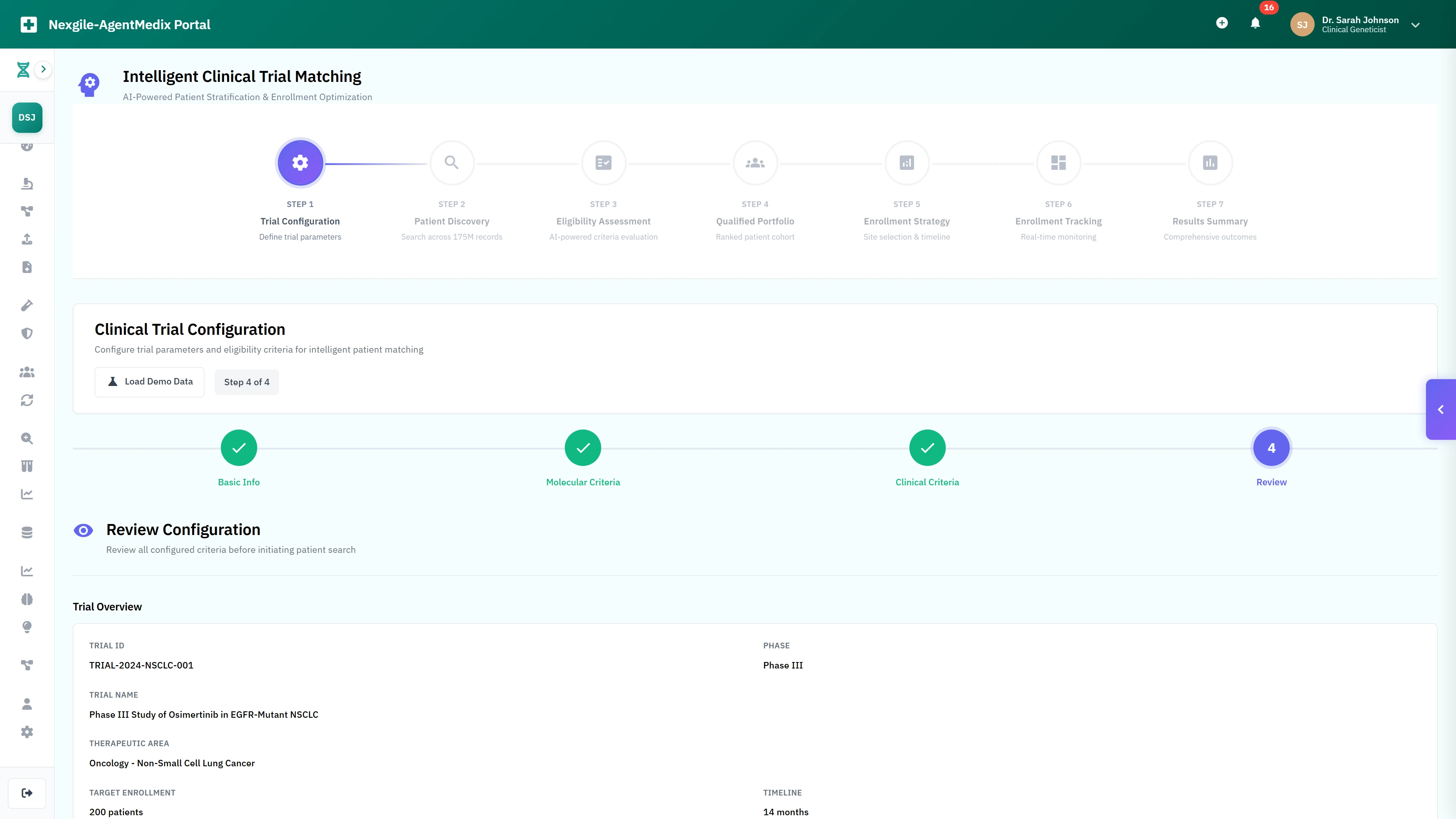 Clinical trial configuration interface for defining trial parameters, molecular criteria, and eligibility requirements for intelligent patient matching