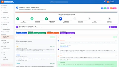 LLM reasoning and RAG retrieval interface demonstrating chain-of-thought diagnostic analysis with GPT-4 Turbo and Claude 3 Opus, semantic search results from technical service bulletins, and 94% confidence Fuel Pump Relay Failure diagnosis