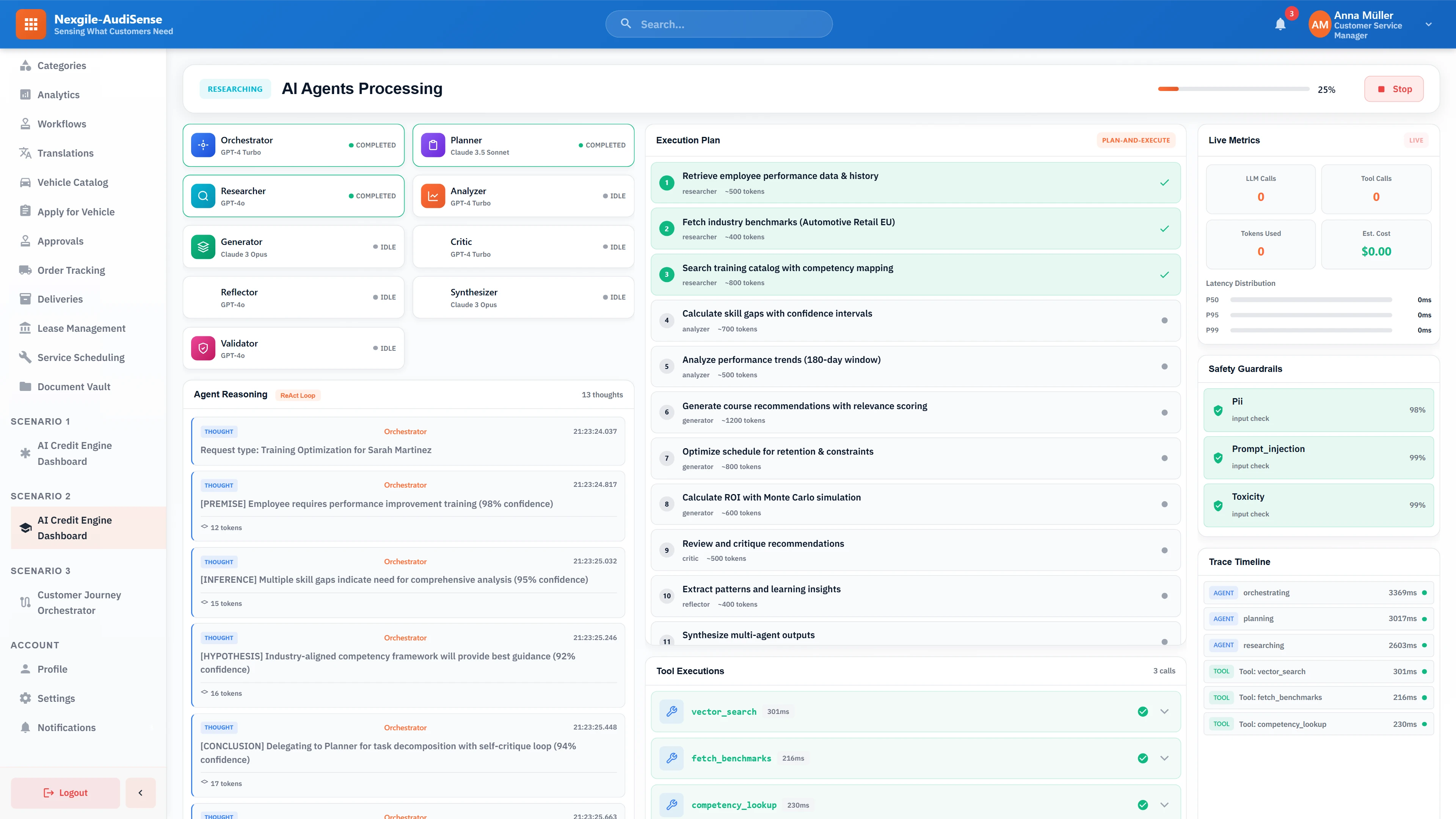 AI agents processing dashboard showing 9-agent orchestration with Orchestrator, Planner, Researcher, Analyzer, Generator, Critic, Reflector, Synthesizer, and Validator agents executing ReAct reasoning loops with real-time safety guardrails and trace timeline