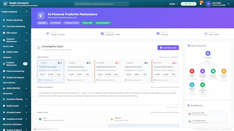 Investigation Input interface showing machine health monitoring with multiple equipment cards displaying OEE scores, cycle times, and real-time status, alongside the 7-agent architecture visualization for predictive maintenance analysis