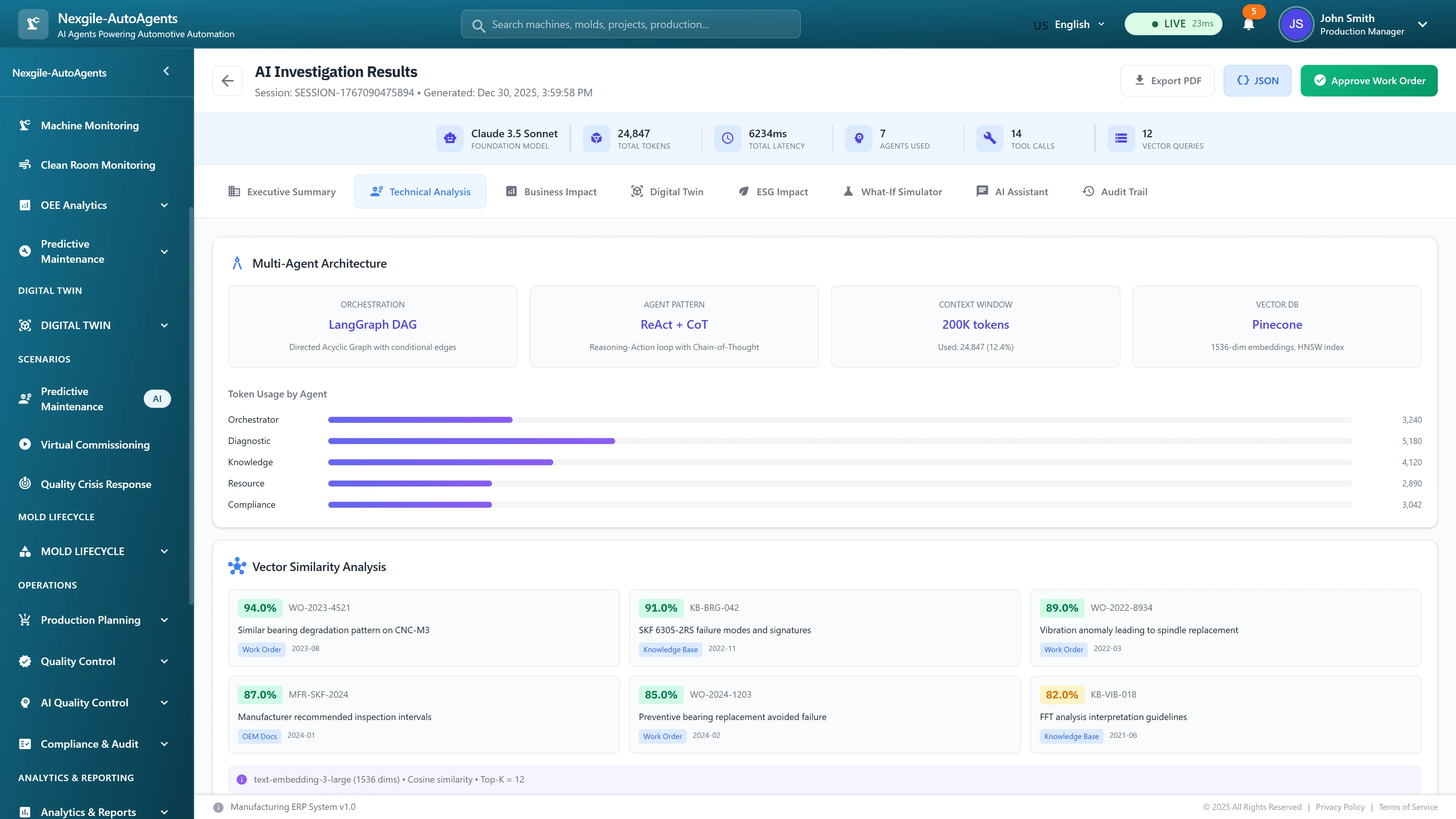 Technical analysis results showing multi-agent architecture details, token usage distribution across agents, and vector similarity search revealing historical maintenance cases with 94%+ similarity scores for pattern-based recommendations