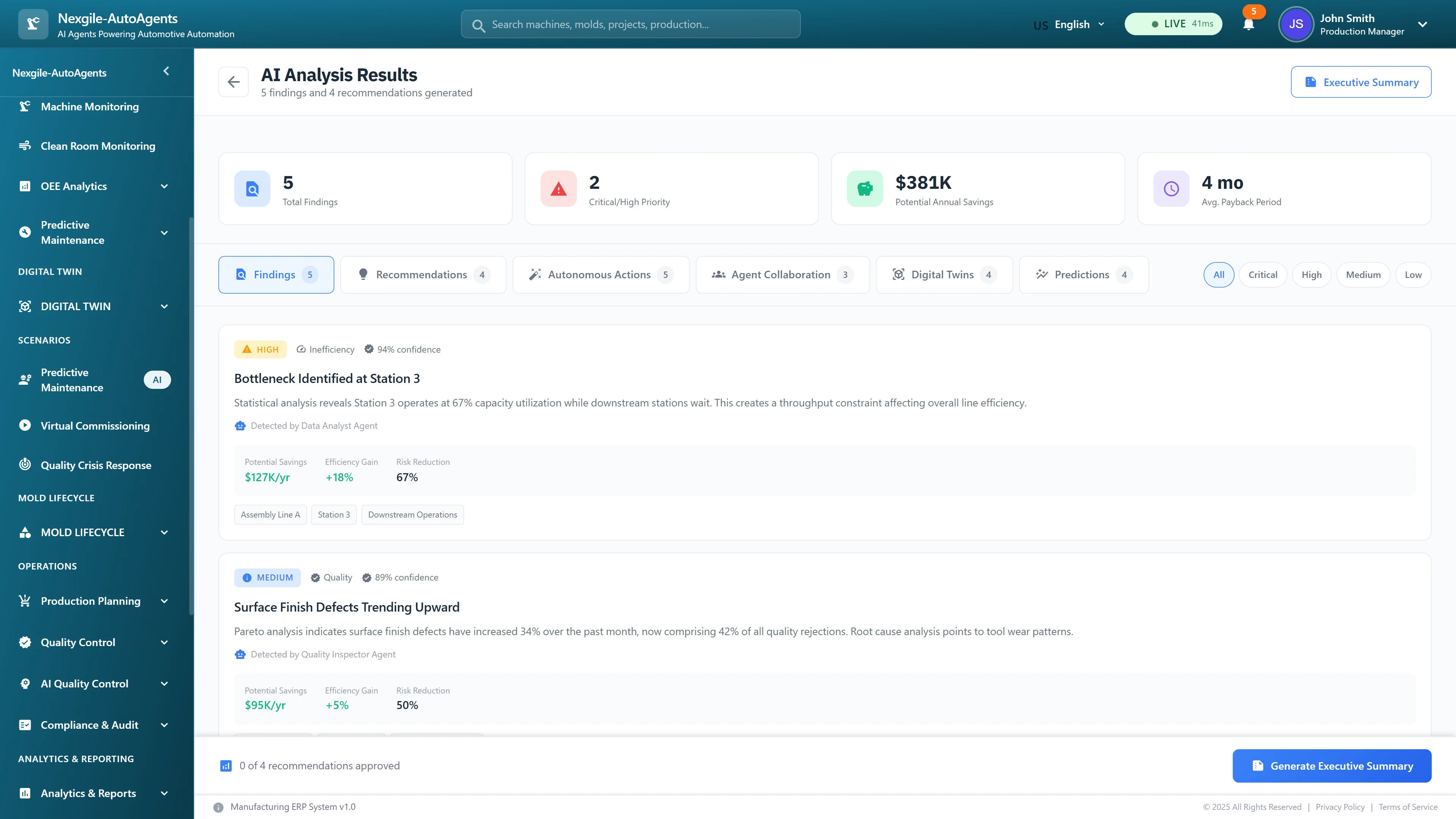 AI analysis results dashboard presenting 5 findings with $381K potential annual savings, detailed insights on production bottlenecks and quality trends, efficiency improvement projections, and risk reduction metrics with confidence scoring