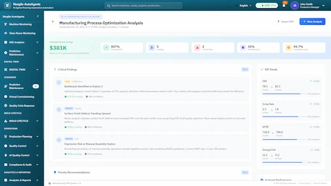 Executive summary report showcasing comprehensive optimization analysis with $381K savings projection, 847% ROI, critical findings breakdown, and KPI trend forecasts for OEE, scrap rate, MTBF, and energy efficiency