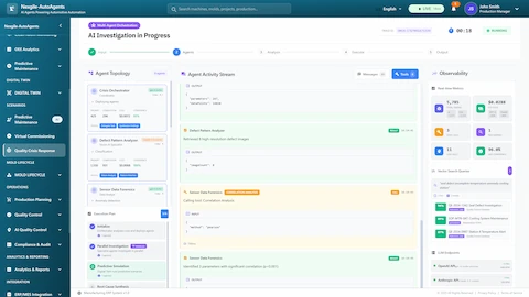 Multi-agent investigation in progress showing 8-agent topology with real-time execution status, agent activity streams displaying defect pattern analysis and sensor correlation, and observability metrics tracking API costs and performance