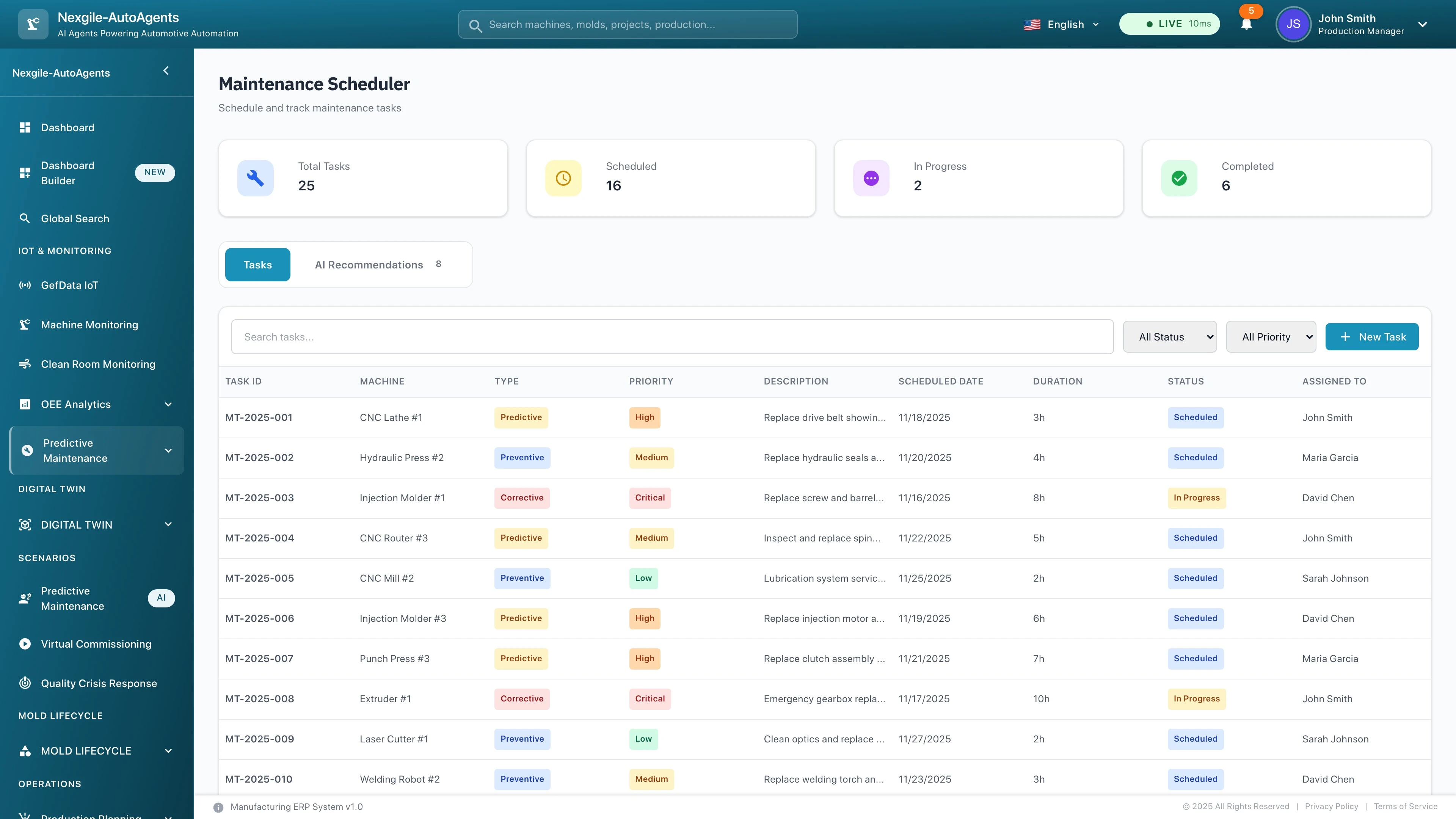 Maintenance Scheduler interface displaying predictive, preventive, and corrective maintenance tasks with priority-based categorization, real-time status tracking, assigned technicians, and AI-powered maintenance recommendations