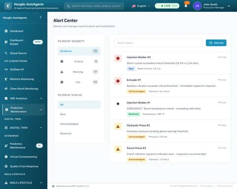 Alert Center dashboard showing real-time machine alerts with severity filtering (Critical, Warning, Info), live sensor readings, alert acknowledgment workflow, and automated notification management for equipment monitoring