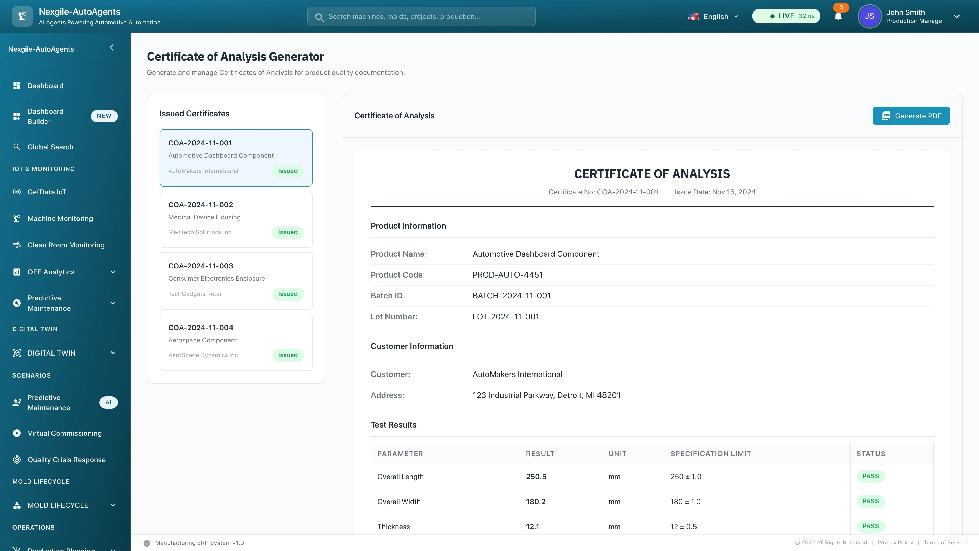 Certificate of Analysis Generator displaying automated quality documentation system with product specifications, dimensional test results, compliance validation against specification limits, and PDF export capabilities for regulatory reporting