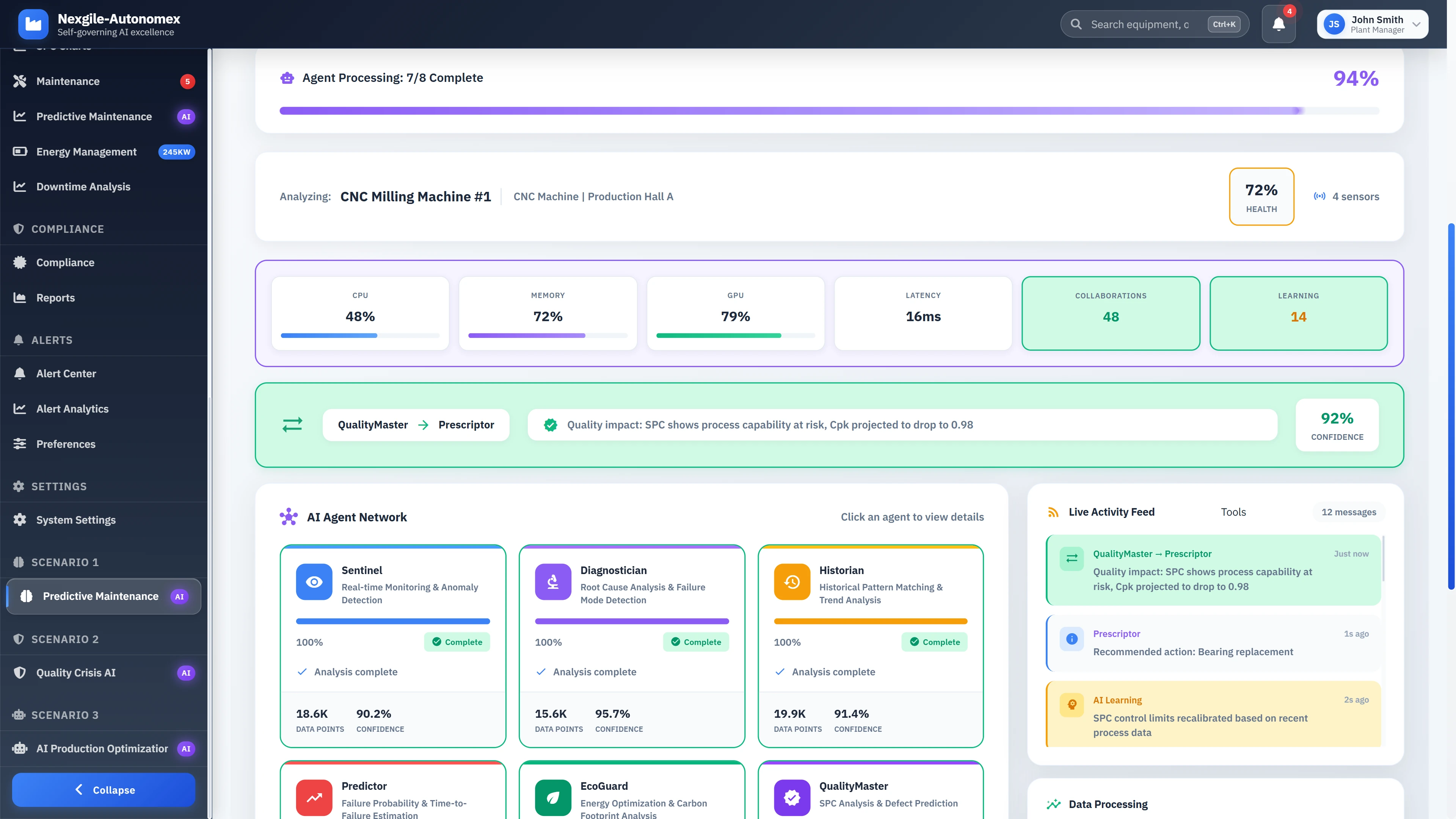 Multi-agent AI network orchestrating 8 specialized agents for autonomous equipment failure analysis