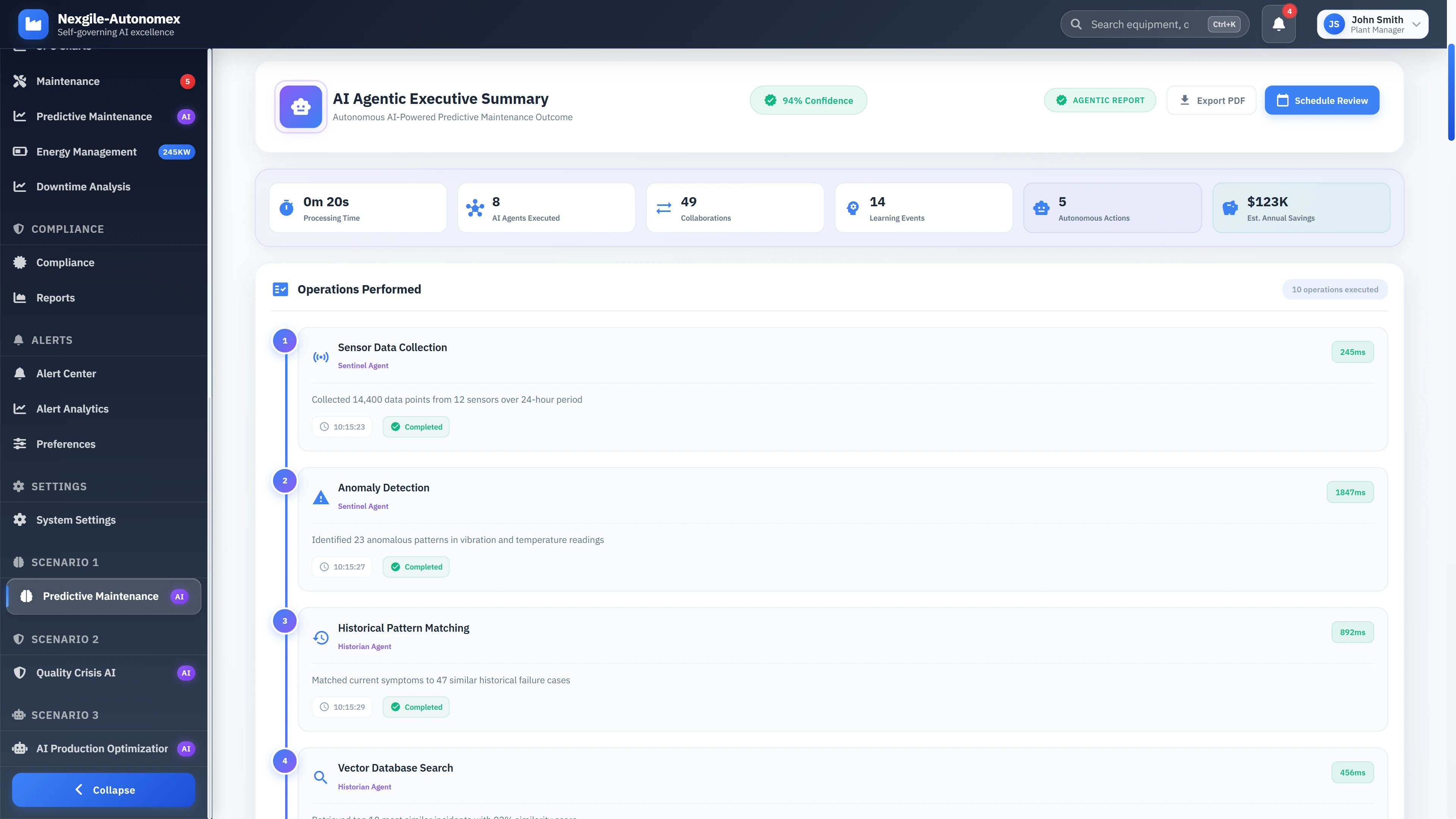 Executive summary showing autonomous AI operations with 8 agents and $123K estimated annual savings