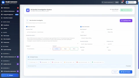 Deviation investigation intake form with pharmaceutical batch details and AI agent analysis preview