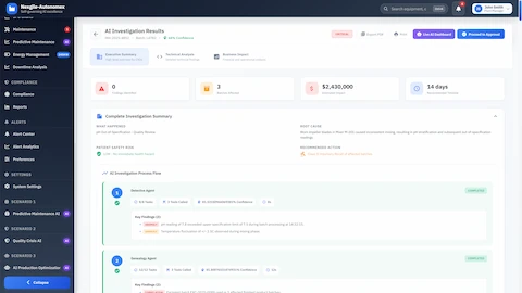 Comprehensive investigation results with root cause analysis, batch impact assessment, and regulatory compliance tracking