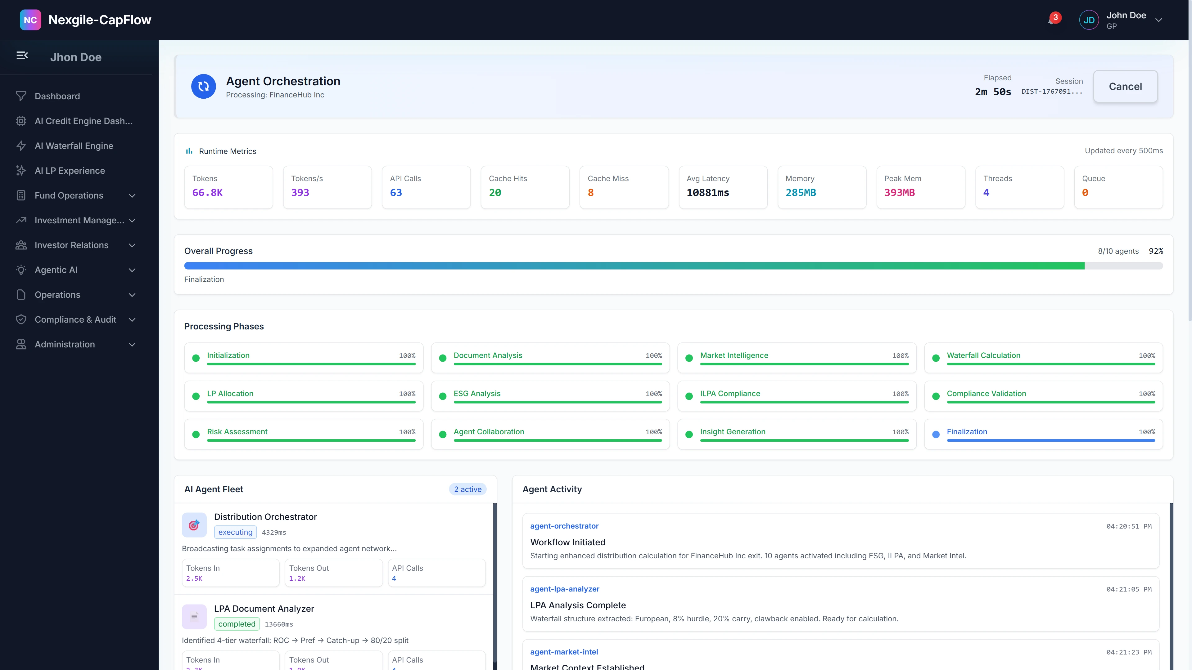 Agent Orchestration Dashboard - Real-time monitoring of the 9-phase distribution workflow showing workflow metrics, processing phases (Fund Analysis, Transaction Validation, Waterfall Calculation, Compliance Validation), agent fleet status, and activity feed with live agent task execution and timestamps