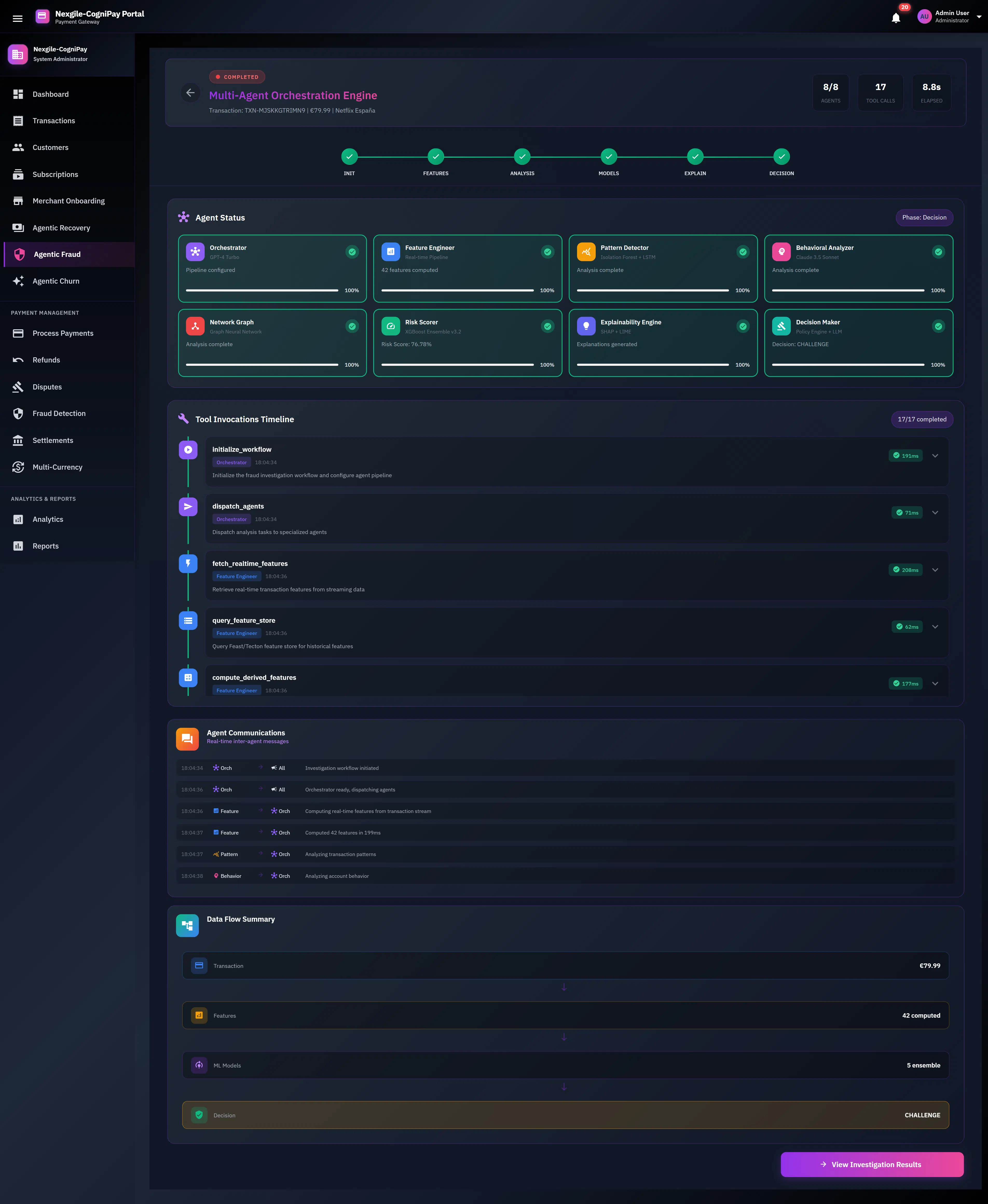 Multi-Agent Orchestration Engine displaying 8 AI agents at 100% completion across pipeline phases, tool invocations timeline, inter-agent communications, and data flow summary with final CHALLENGE decision.