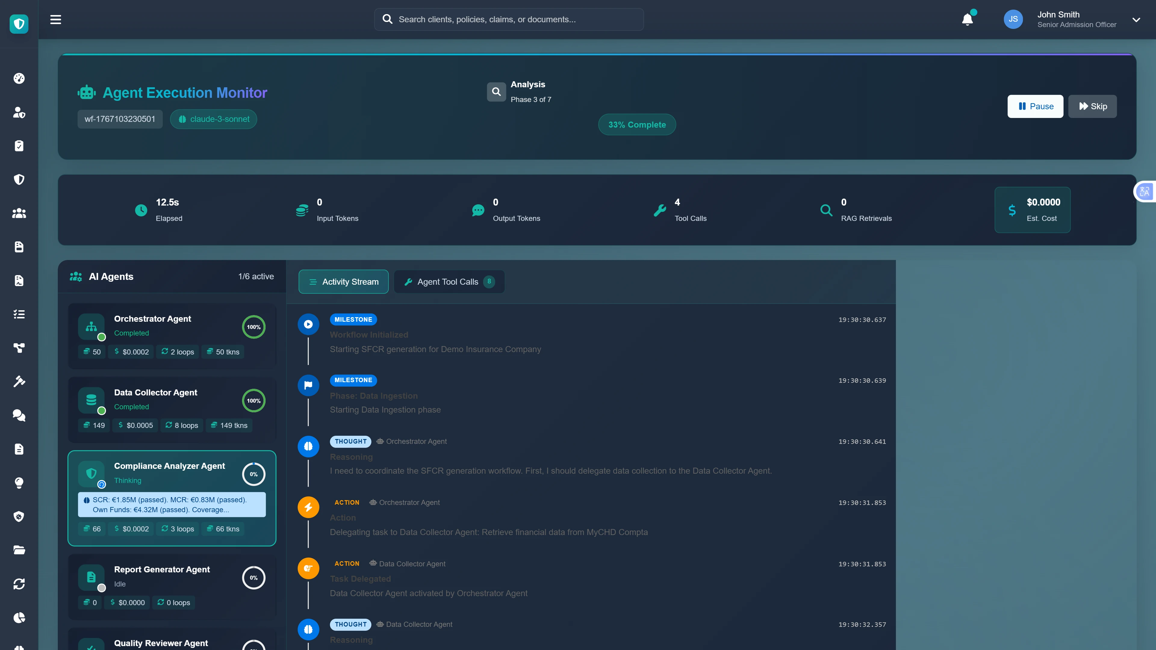 Agent Execution Monitor - Real-time view of AI agents orchestrating data collection, compliance validation, and report generation tasks