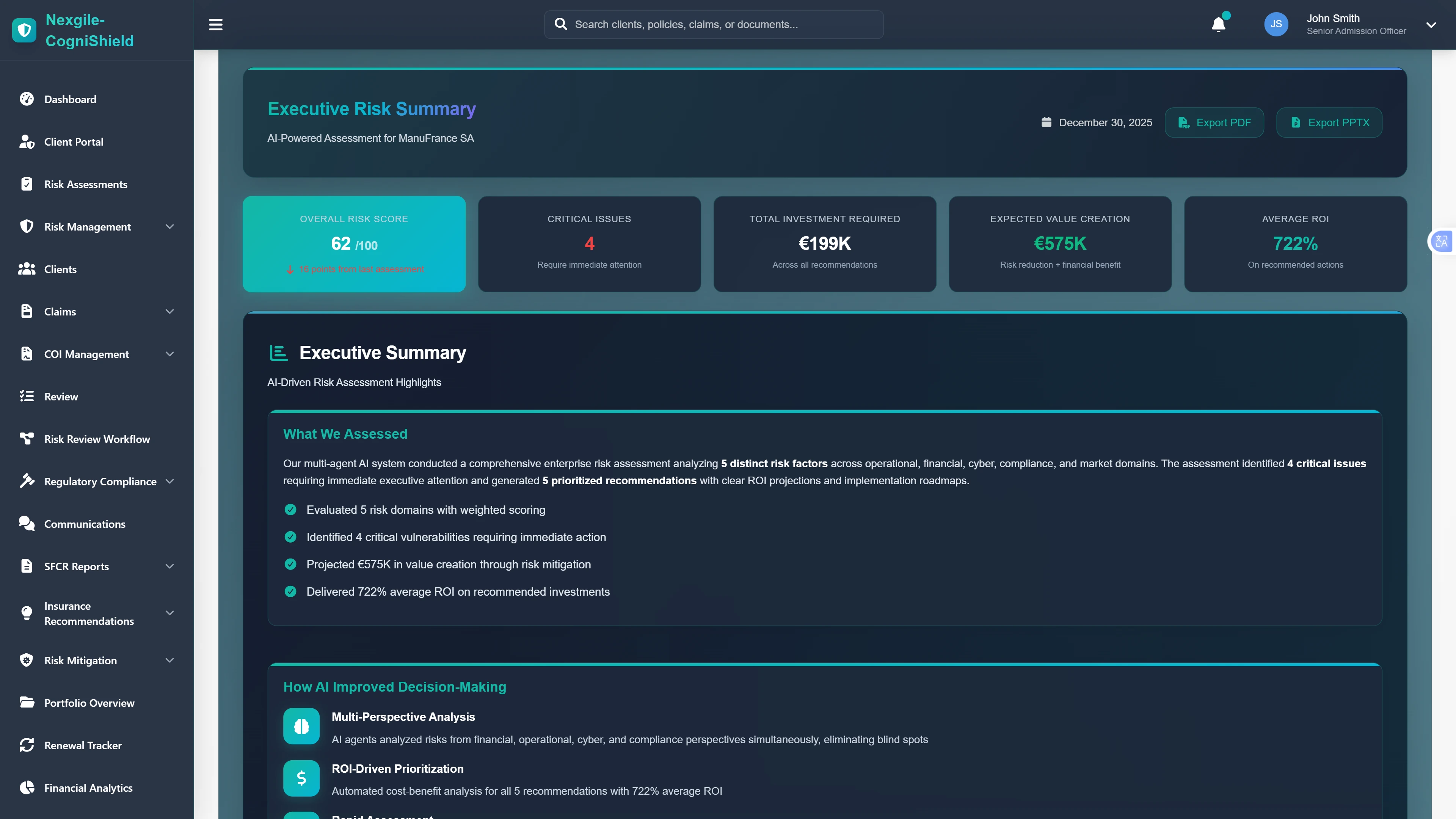 Executive Risk Summary - Comprehensive assessment report with overall risk score, critical issues, investment requirements, and ROI projections