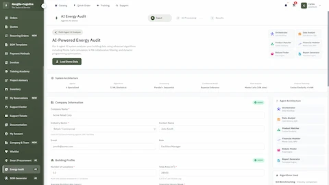 AI-Powered Energy Audit input form with multi-agent system architecture and company profile setup