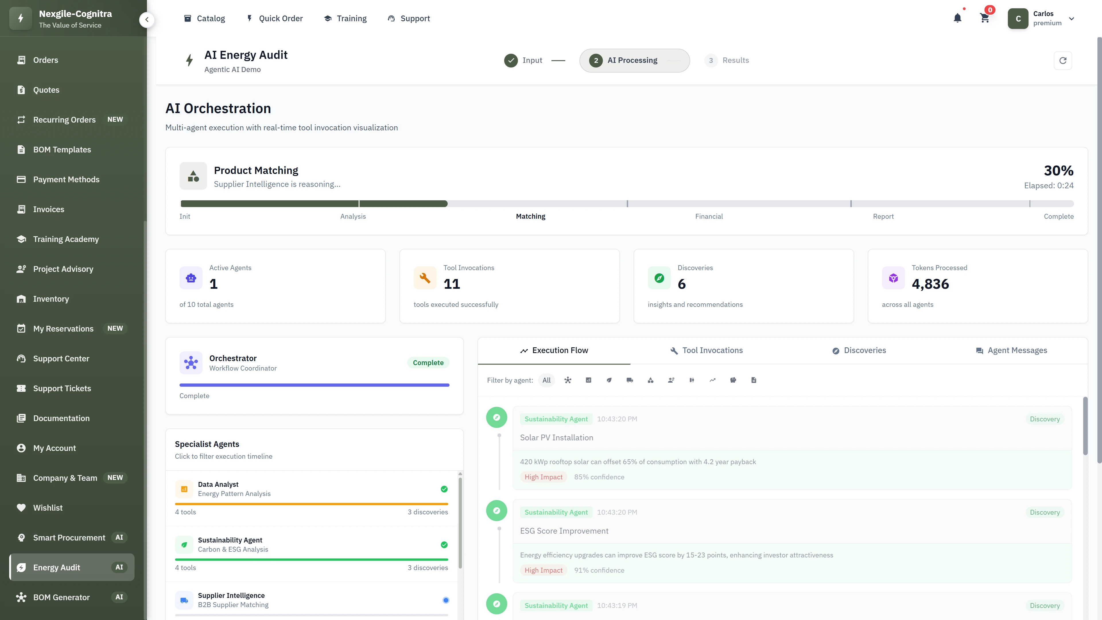 AI Orchestration dashboard showing real-time agent progress with product matching workflow at 30% completion