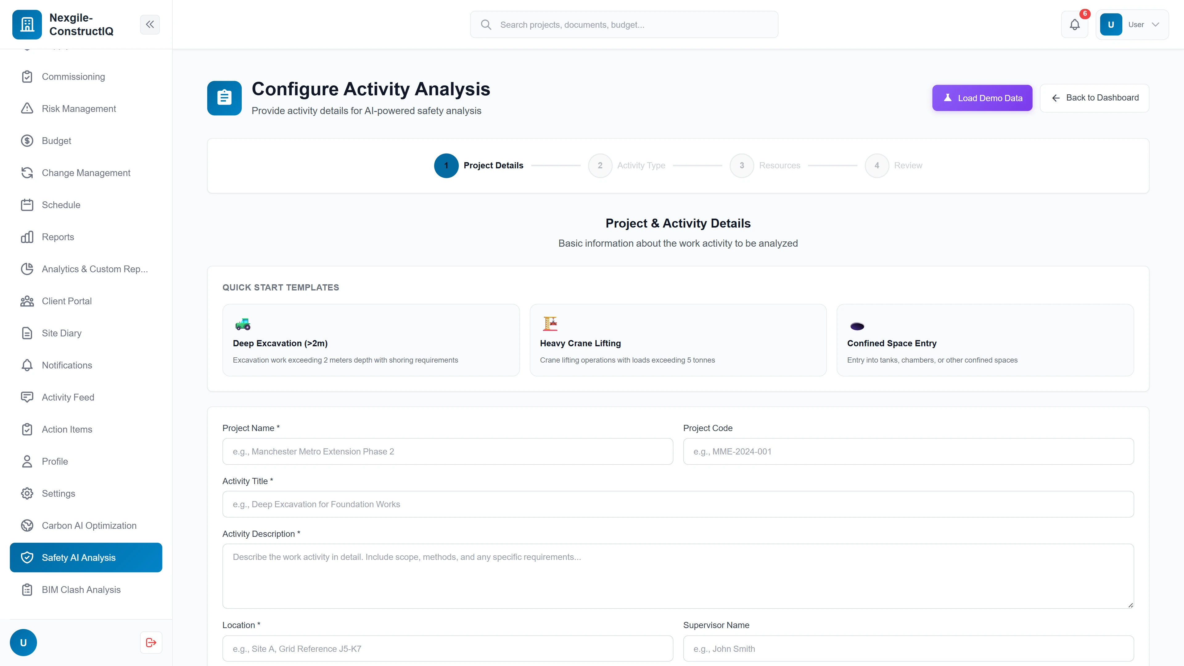 Activity configuration wizard with quick start templates for deep excavation, heavy crane lifting, and confined space entry scenarios.