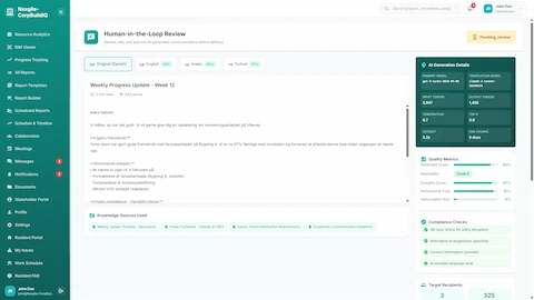 Human-in-the-Loop Review - Multilingual content preview with quality metrics, compliance checks, and AI generation details