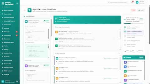 Agent Execution & Tool Calls - Live compliance validation with inter-agent communication and workflow progress tracking