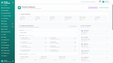 AI Quality Intelligence - System architecture with LLM, IoT Gateway, Digital Twin, and ML components; analysis pipeline configuration