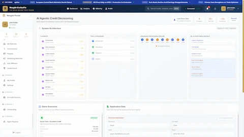 System Architecture - Multi-agent orchestration system showing AI agents, tool categories, enhanced processing pipeline, and ML algorithms & models for credit decisioning