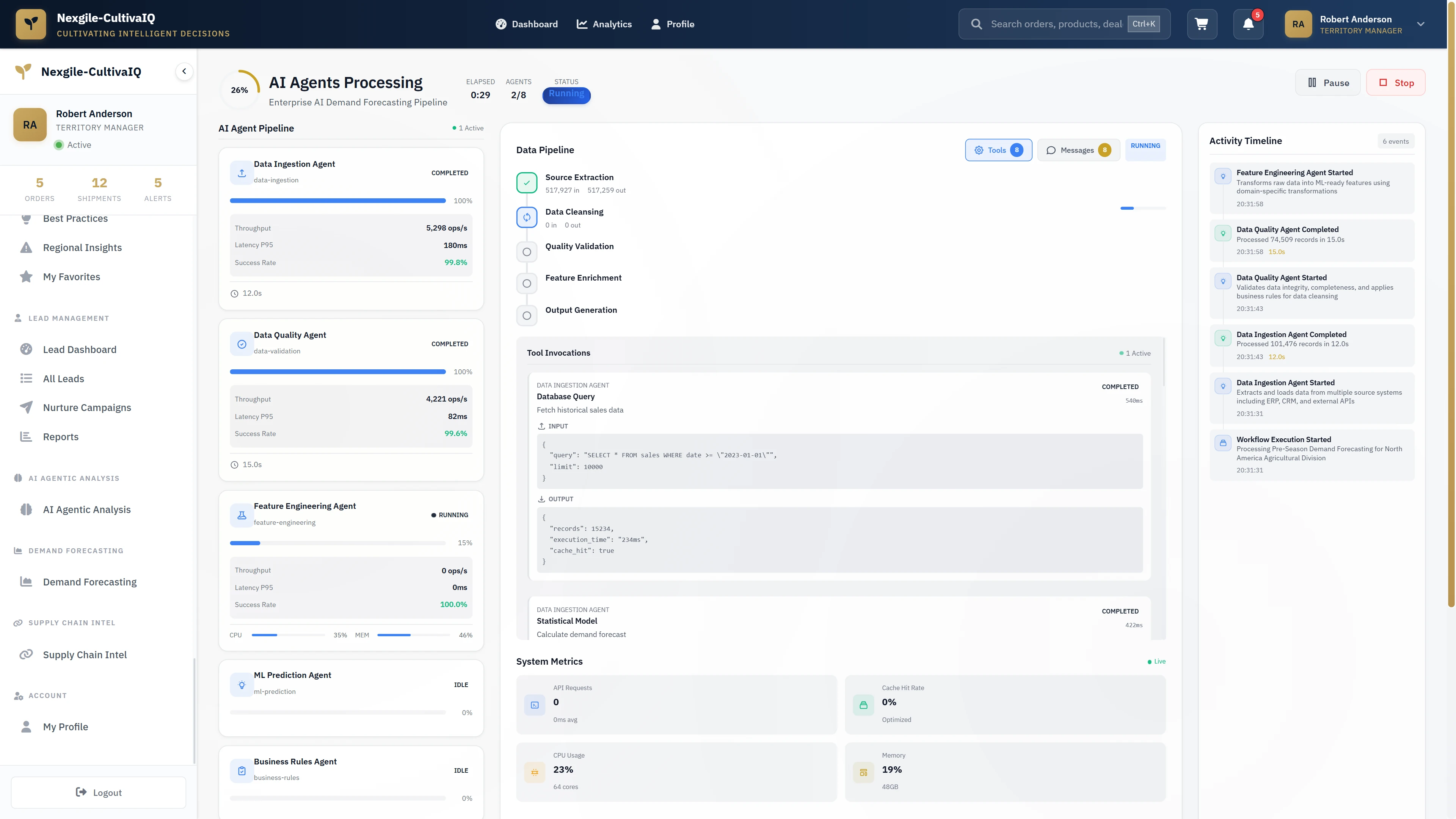 AI agents processing view showing real-time execution progress, data pipeline stages, tool invocations, and system performance metrics