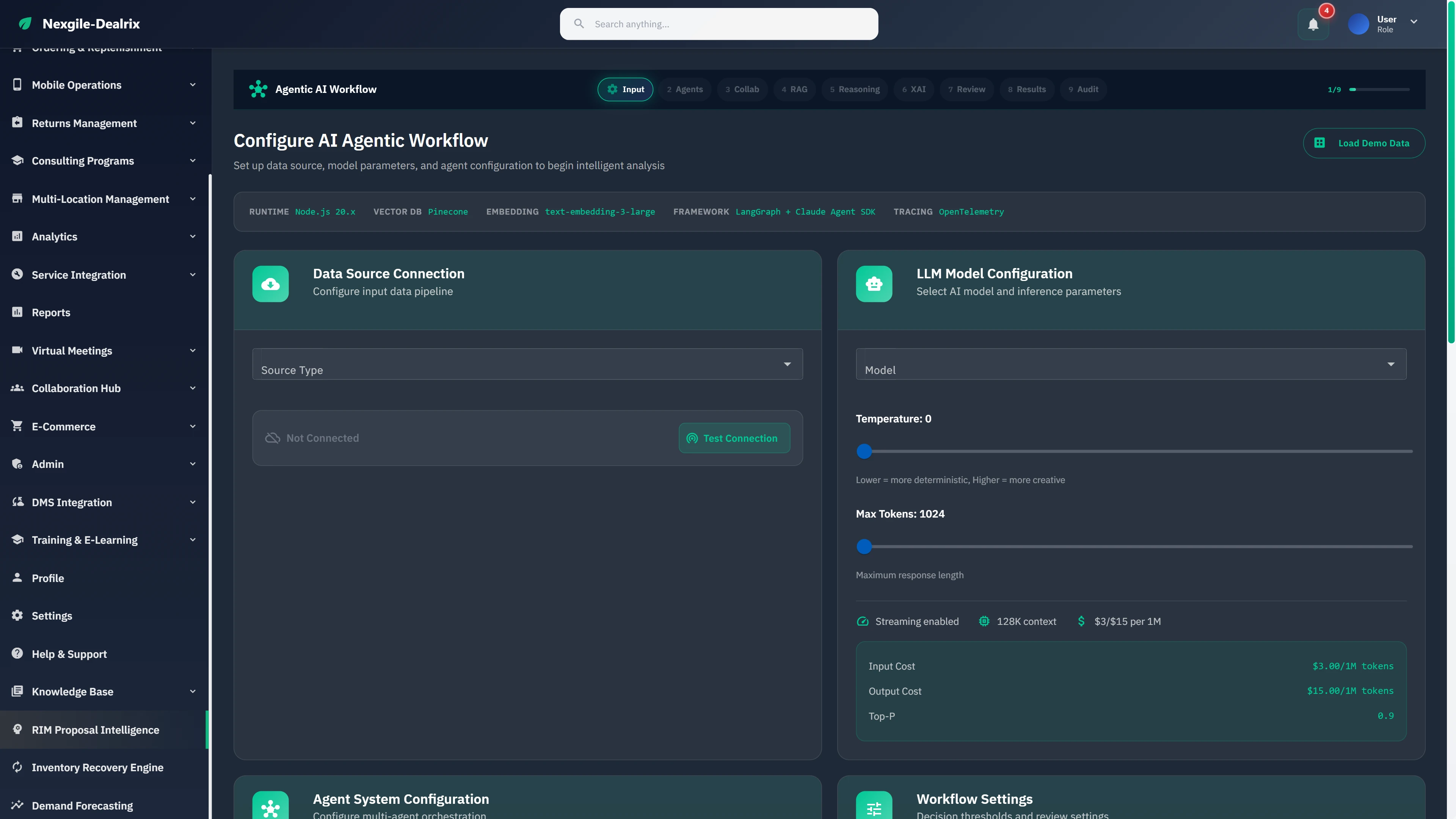 Configure AI Agentic Workflow with data source connections, LLM model parameters (temperature, max tokens), and agent system orchestration settings.