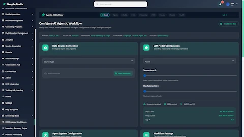 Configure AI Agentic Workflow with data source connections, LLM model parameters (temperature, max tokens), and agent system orchestration settings.