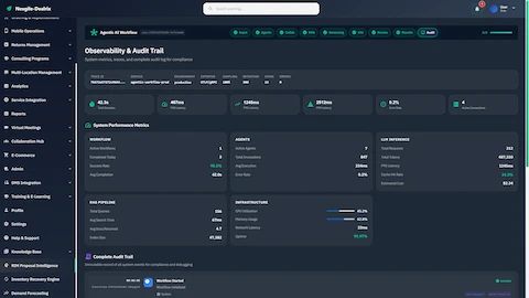 Observability & Audit Trail with system performance metrics, workflow/agent/LLM inference statistics, RAG pipeline details, and complete audit log.