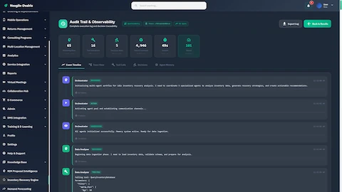 Audit Trail & Observability showing 65 reasoning steps, 16 tool invocations, 5 decisions made, with detailed event timeline and agent traces.