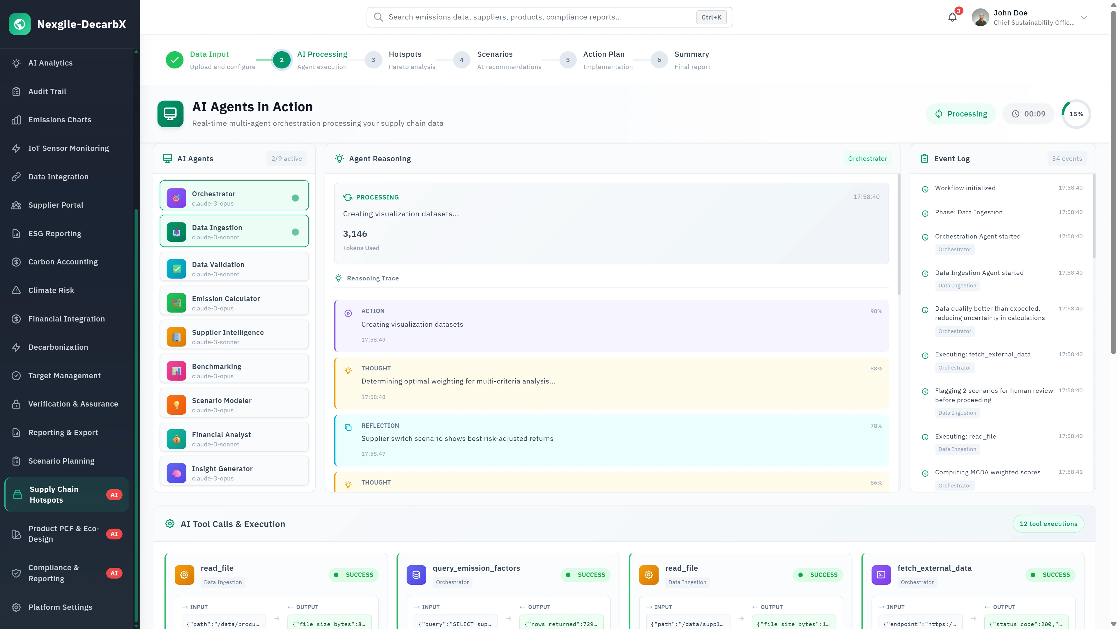 AI Agents In Action - Real-time multi-agent orchestration showing agent reasoning, tool calls execution, and event log tracking.