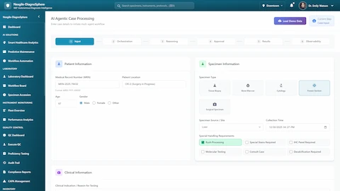 Case Input Interface - Patient demographics, specimen type selection, and clinical information entry for AI triage workflow