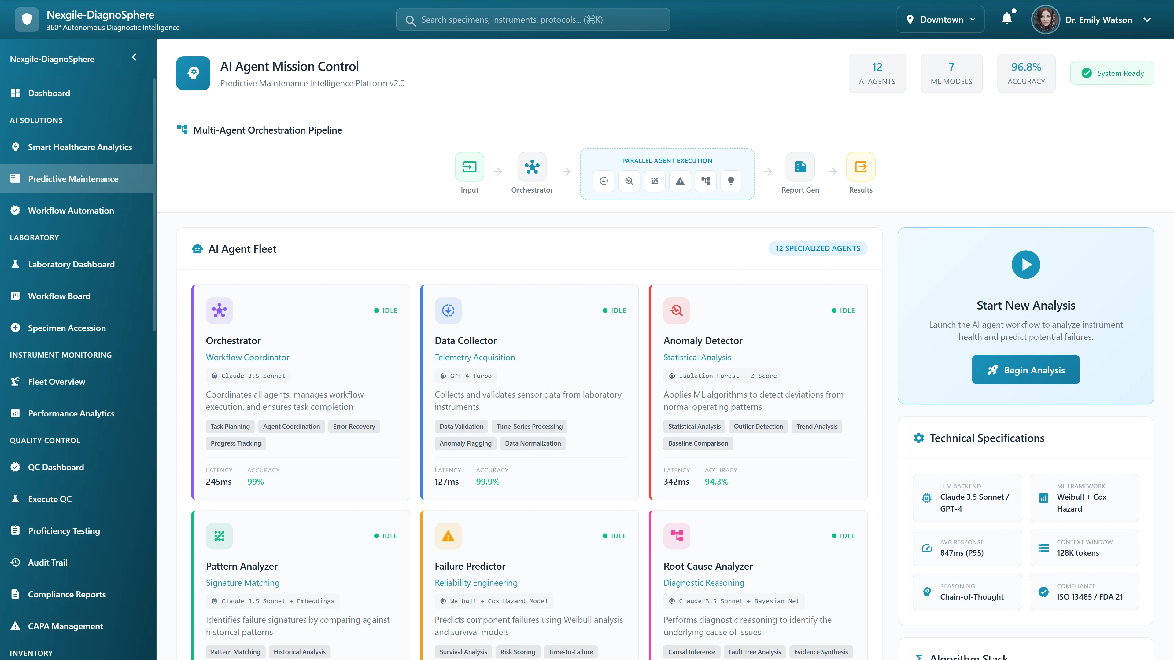 Mission Control Overview - 12-agent fleet displaying specialized capabilities for predictive maintenance analysis