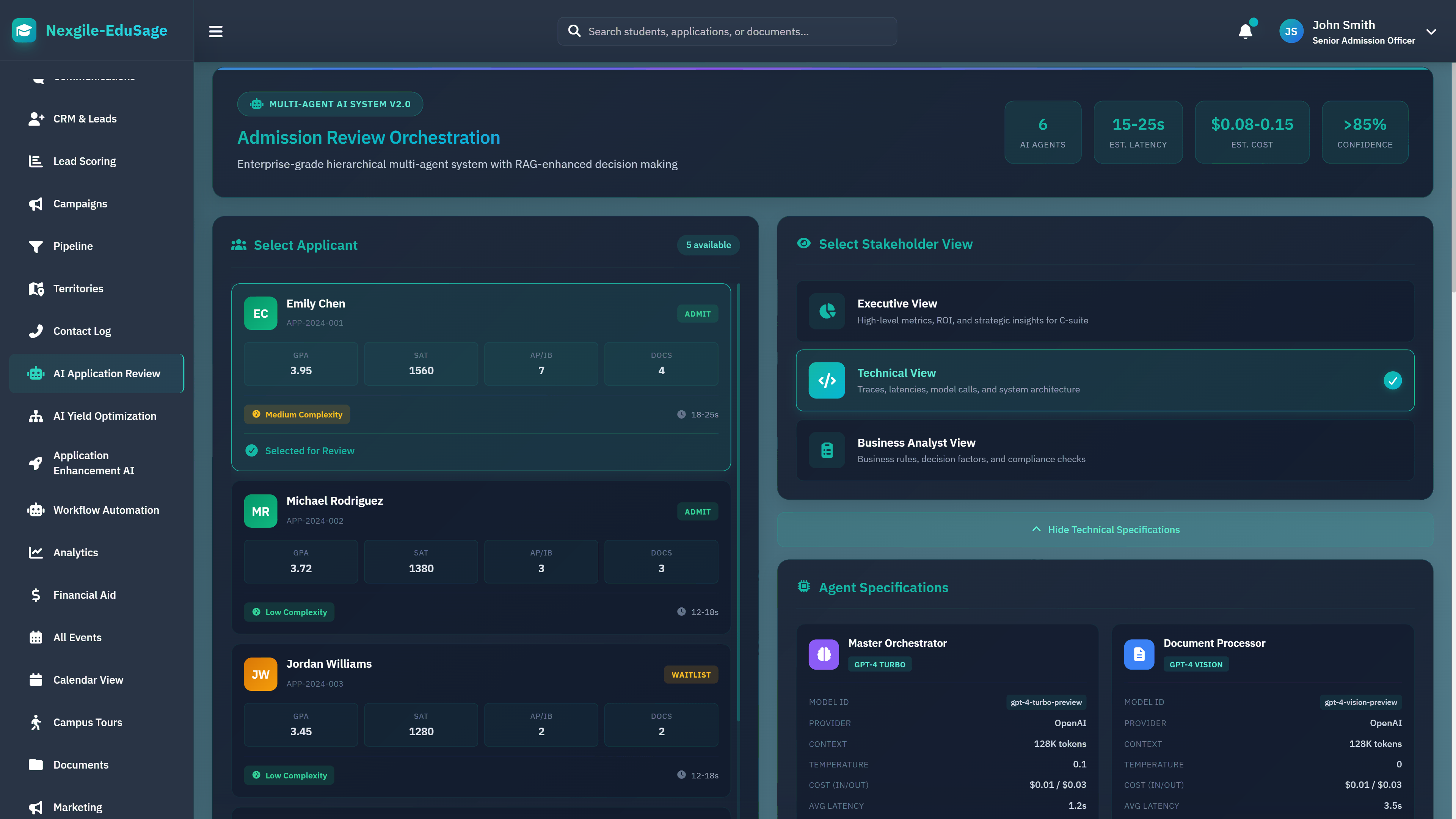 Admission Review Setup - Applicant selection and agent configuration