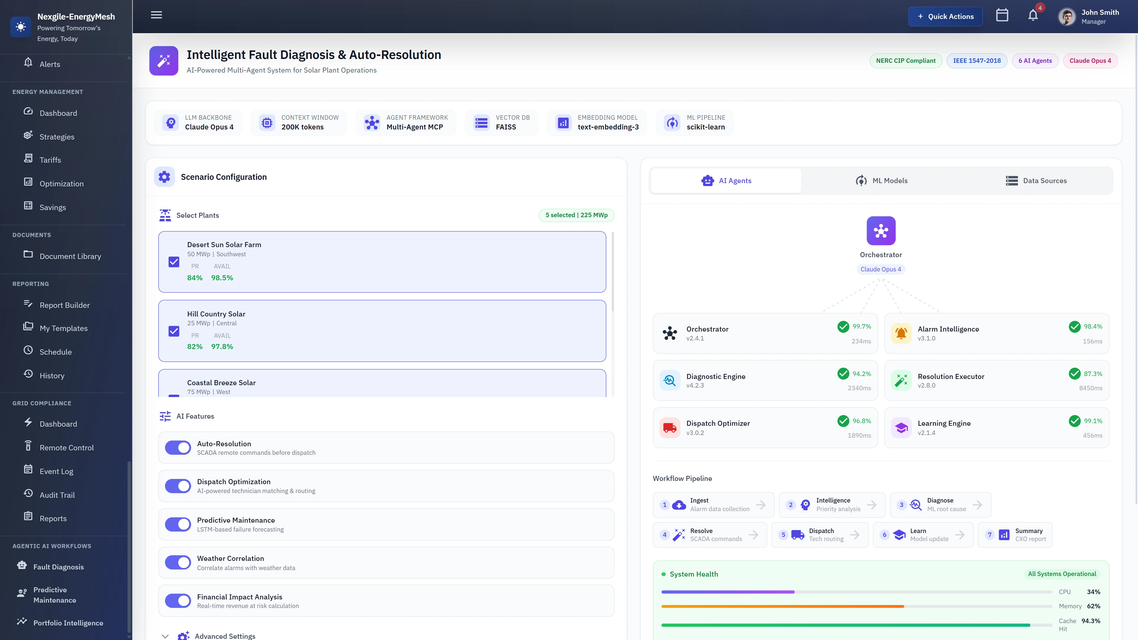 Scenario Configuration - Plant selection interface with AI features and multi-agent system setup for fault diagnosis