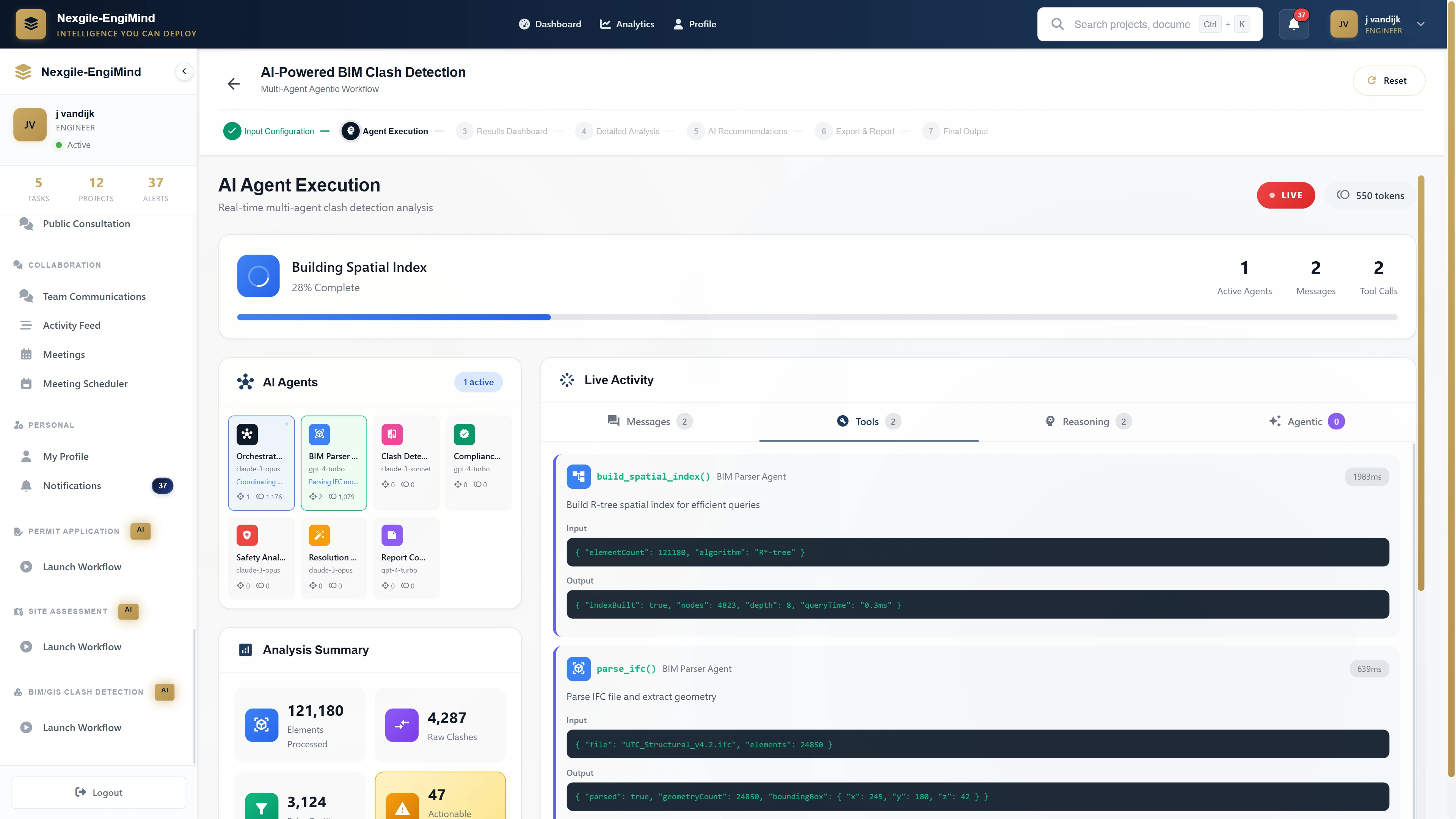 AI Agent Execution showing real-time multi-agent clash detection with spatial indexing, IFC parsing, and analysis progress metrics