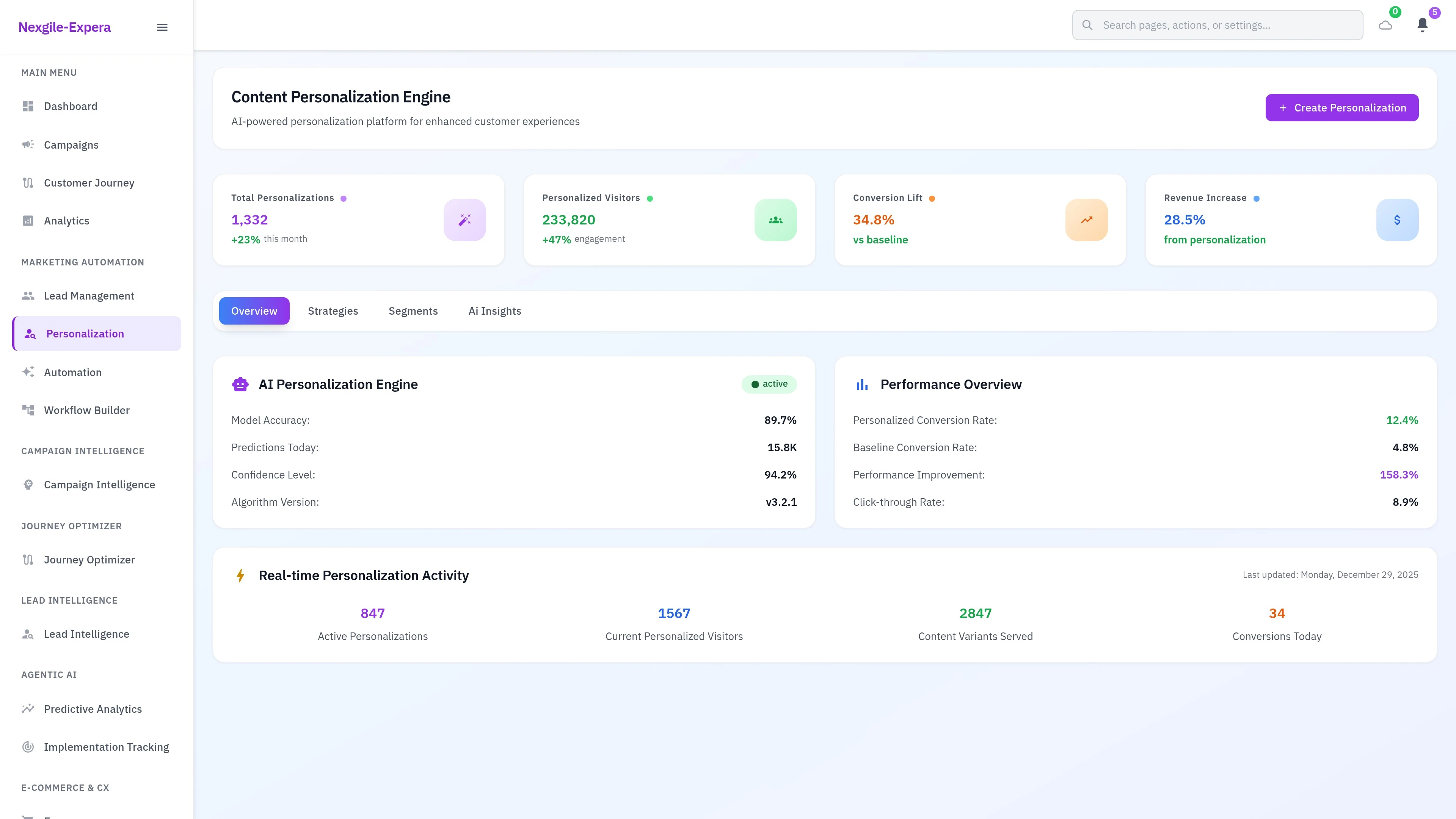 Personalization Dashboard - AI-powered customer experience management interface